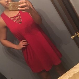 Cross front red T-shirt dress